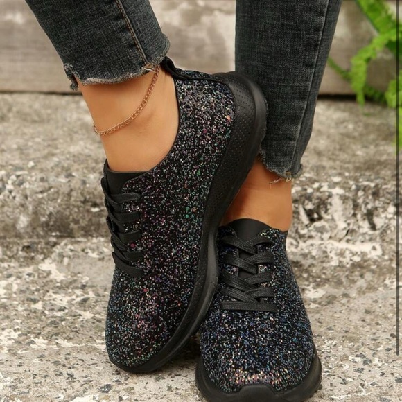 Women 10.5 Glitter Casual Sports Shoes Street Style Sneakers Sparkly Black - Picture 11 of 12